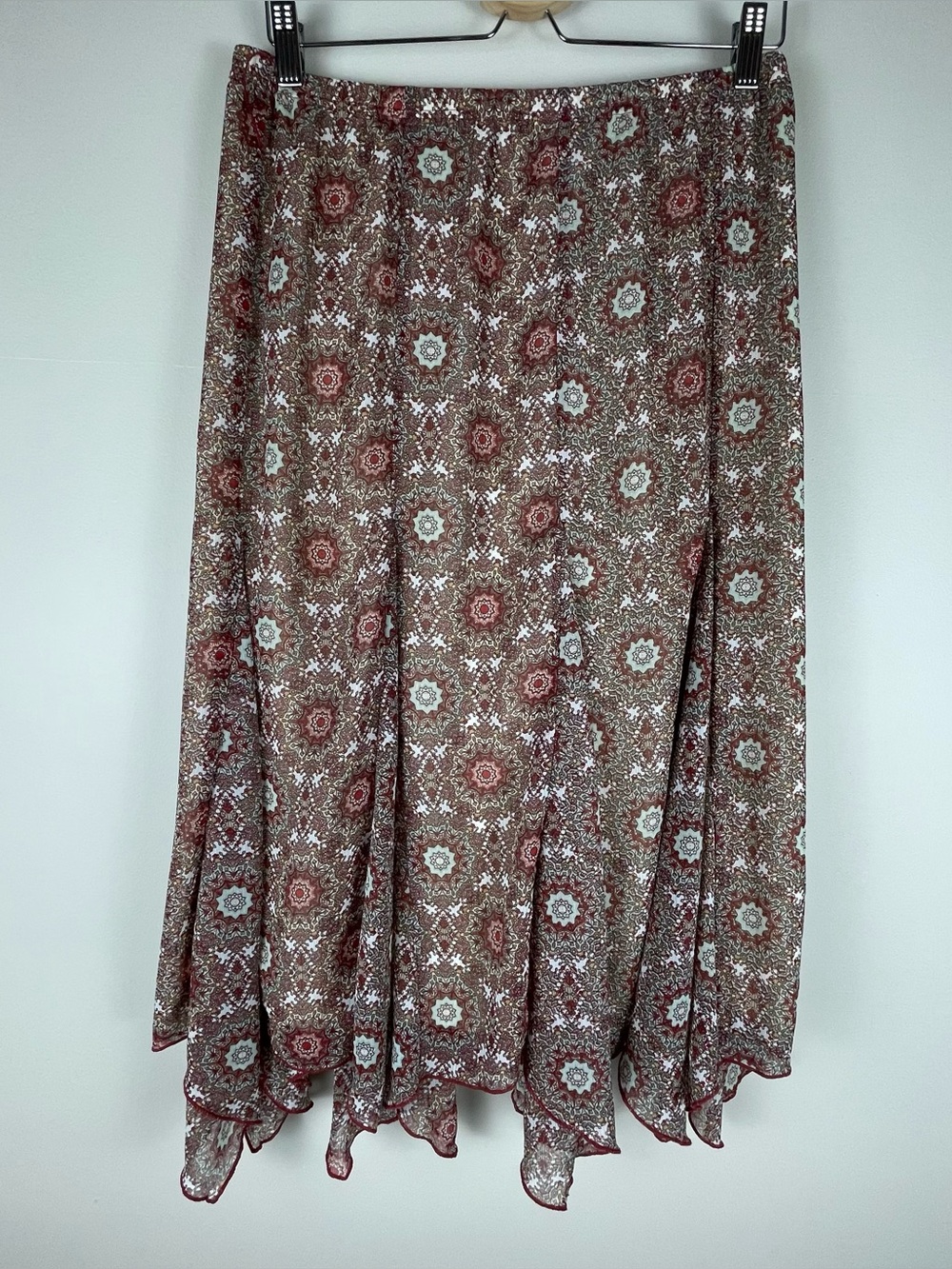 Roz & Ali handkerchief-hem midi skirt Floral Mandela Print Sz S Boho Fall Flowy